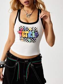 Tetris™ X SHEIN قميص كاجوال للنساء مزين بطباعة الشطرنج - أبيض - مشاهدة 7