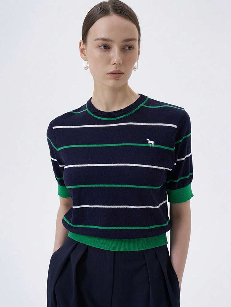 Women's Striped Short Sleeve Embroidered Knit Top Summer