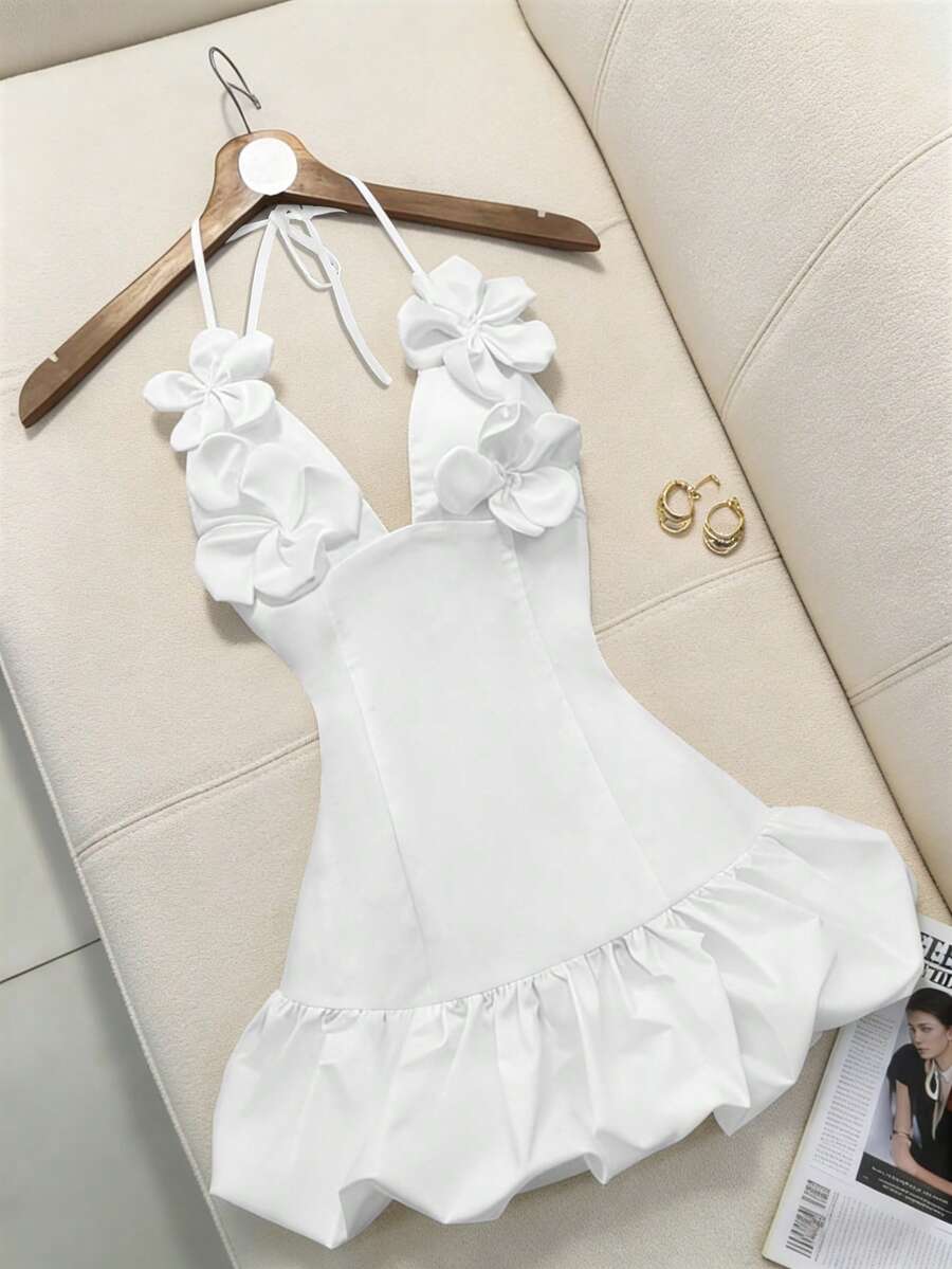 Mistrie 夏季新款白色3D立体花卉装饰吊带连衣裙,深V领系带腰身荷叶边迷你裙,适合五一节海岛度假/生日派对,性感百搭。 - 白色 - 查看 1