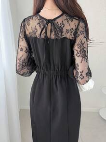 FRIFUL Women's Round Neck Chiffon Mesh Patchwork Bell Sleeve Contrast Color Sweet Casual Party Dress Sundress - Black - View 7