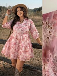 Ceyna Versatile Fashion Printed V-Neck Minimalist Embroidery Hollow Sexy Dress, Spring/Summer - Pink - View 1