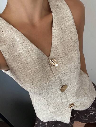 DAZY 金属バックル装飾 ウエストシンチ Vネック ノースリーブ シンプルジャケット、エレガントで正式な夏用レディース