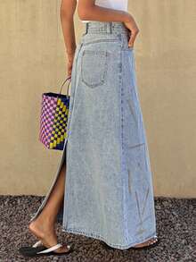DAZY Distressed Print Loose A-Line Maxi Denim Skirt, Casual Summer Vacation For Women - Blue - View 4