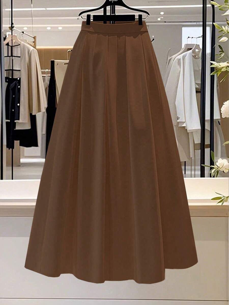 Franclia 女士纯色百褶休闲百搭约会外出半身裙 - 棕色 - 查看 1