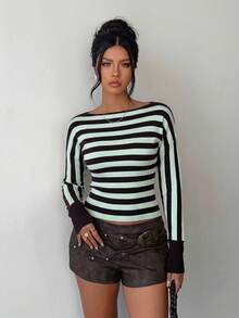 Aloruh 女士秋冬新款高领长袖黄色条纹修身罗纹毛衣 - 薄荷綠 - 查看 4