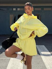 Muchica Light Yellow Woven Women's Hooded Half-Zip Long Sleeve Top And Shorts Casual Suit Yellow Outfit Women Yellow 2 Piece Set - Light Yellow - View 1