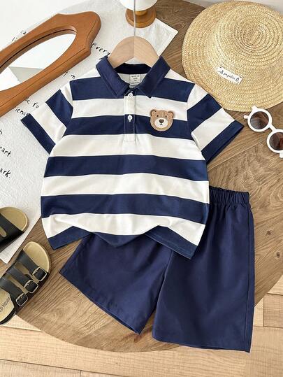 LMoss Kids 2pcs/Set Young Boy Knitted Bear Graphic T-Shirt And Shorts Set