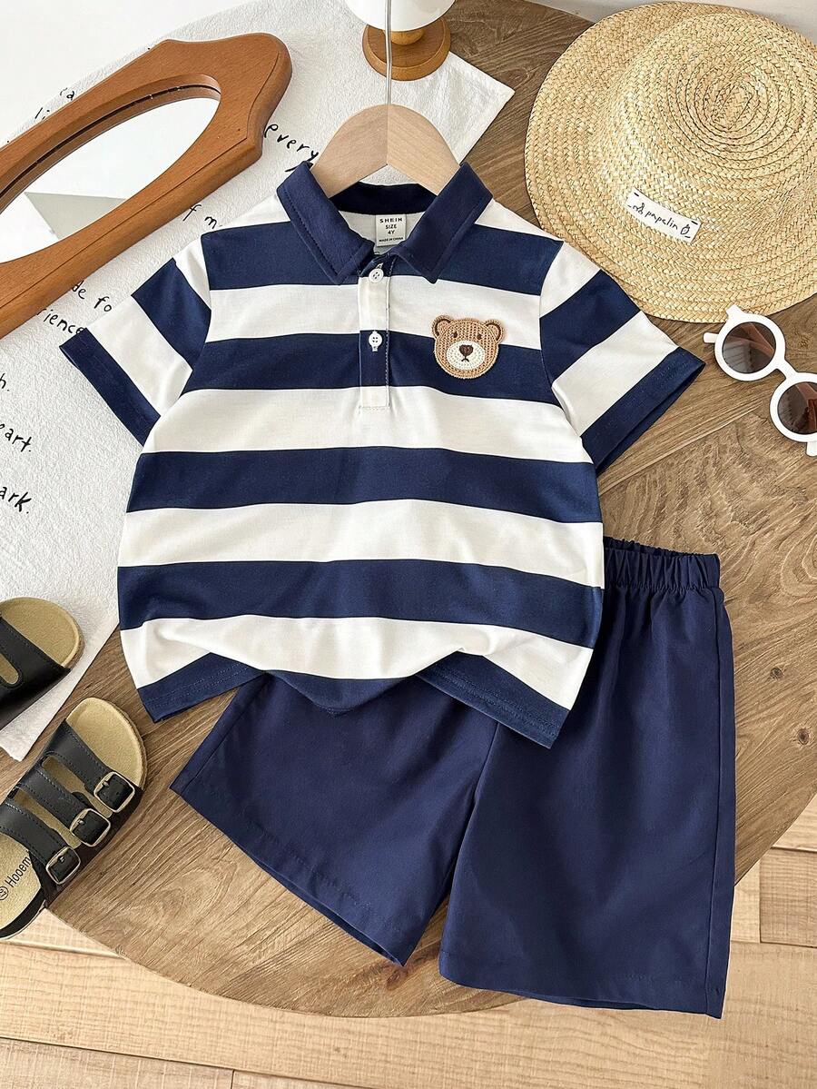 LMoss Kids Set de 2 piezas de camiseta con gráfico de oso de punto y pantalones cortos para niño pequeño - Azul y blanco - Ver 1