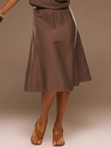 MUSERA Linen Low Rise Floaty Midaxi Skirt Spring Summer Vacation Beach Elegant Ibiza Festival Holiday Tajine - Brown - View 1