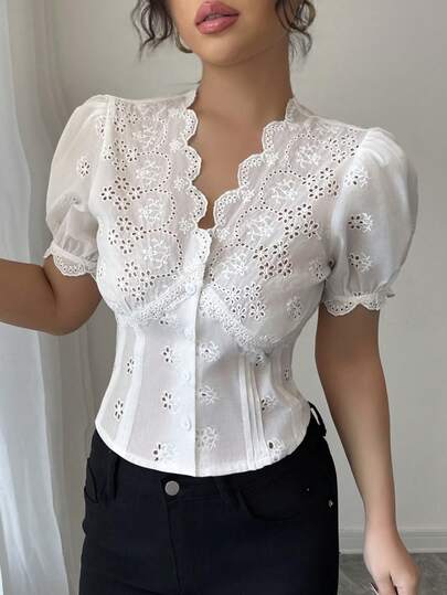 Selianne 女式春夏优雅短袖V领前开扣镂空蕾丝面料衬衫