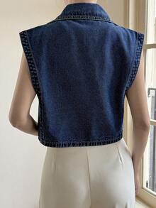 Livesso Áo sơ mi denim không tay dáng rộng dành cho nữ có cổ - Màu xanh lam - Xem 2