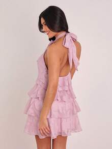 Enchnt 女士层叠花卉装饰露背短款蛋糕裙 - 淺粉色 - 查看 8