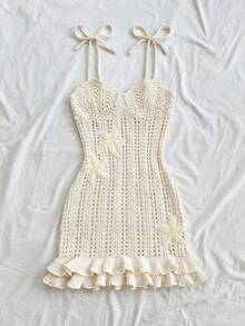 Soleia 女士杏色海星装饰双层荷叶边针织吊带裙，适合约会、下午茶、海滩、邮轮、城市度假、婚礼季、音乐节等场合。 - 杏色 - 查看 4