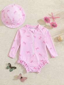 SHEIN Traje de baño de una pieza con cremallera frontal a media, volantes en el bajo y gorro de natación, con estampado de rayas y lazo, estilo vacaciones en la playa para bebés recién nacidos - Rosa - Ver 2