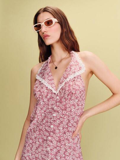 lacRébo Vintage Pink Floral Midi Dress With A Wide Ruffled Collar And An Open Back Spring Summer French Style Parisian Style Vacation Dress Going Out Dress Holiday Dress