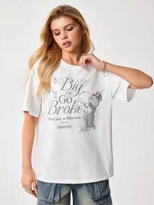 MONOPOLY X SHEIN 女士休闲宽松标语卡通印花圆领短袖T恤 - 白色 - 查看 3