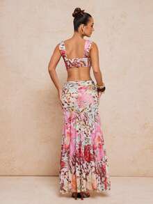 Lumalex 女士扭结设计露脐上衣和腰部褶皱迷你裙性感两件套 - 玫紅色 - 查看 3