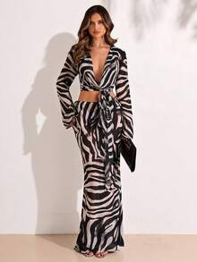 SHEIN BAE 女士斑马纹度假两件套，性感半透明度假两件套 女士两件套 斑马纹 - 黑與白 - 查看 1