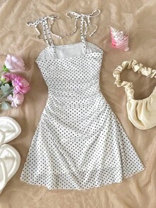 SHEIN 少女黑白波点吊带连衣裙，收腰设计，休闲百搭，适合度假、日常穿着和拍照 - 白色 - 查看 2