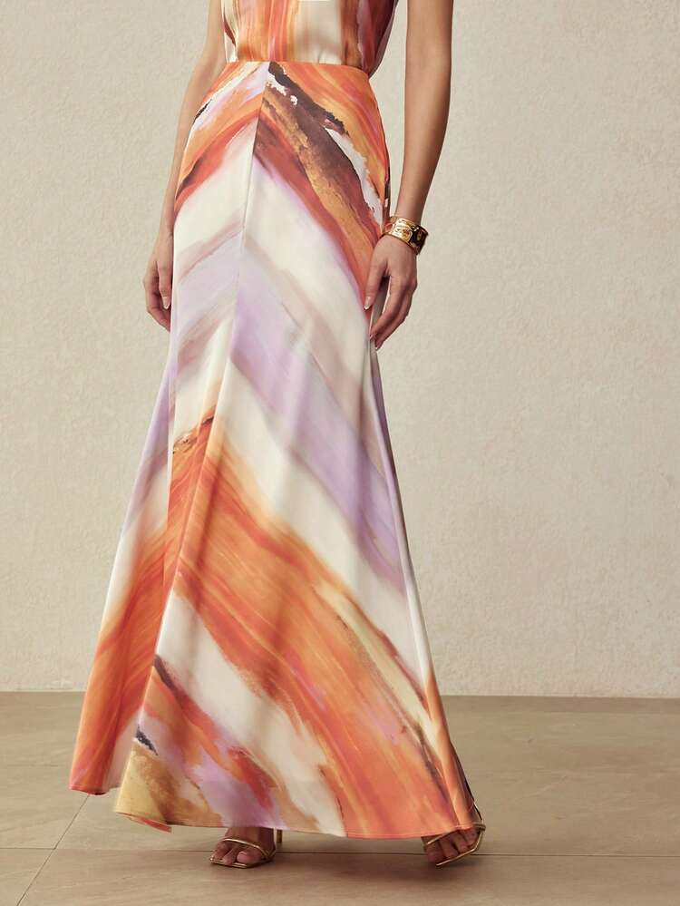SATIN OMBRE PRINTED MAXI SKIRT, SPRING/SUMMER