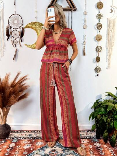  Conjunto de 2 piezas Fembélia 2026 de pantalones de pierna ancha de manga corta con estampado bohemio rojo para mujeres