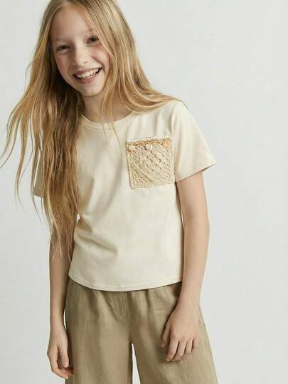 Maija Kids Maija Kids 1pc Tween Girls Casual Loose Knit Pocket Decor Round Neck Short Sleeve Top, Suitable For Casual Outings, Gatherings, Festivals, Summer And Spring