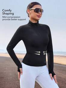 OutZeal 女士户外黑色T恤跑步健身服速干弹力修身长袖前半拉链运动上衣 - 黑色 - 查看 2