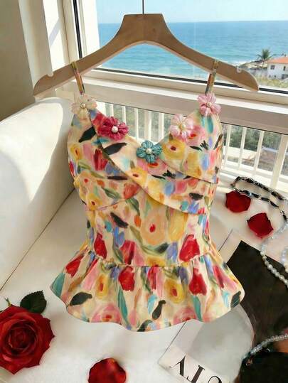 GlowEve Women's Elegant Fashion Commute Casual Comfortable Charming Retro Minimalist Romantic Holiday Sleeveless Camisole With Waist Cinching, A-Line Hem, Watercolor Floral Print, 3D Flower & Pearl Button Decor (Random Print) (Random Flower Color)