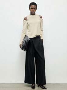 Maija 女士纯色铆钉露肩长袖时尚T恤，适合都市通勤、商务休闲、约会、婚礼、春夏度假等场合。 - 白色 - 查看 3