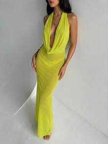 Aloruh Women's Vacation Dress, Elegant Sexy Fitted Shiny Fabric Plunging Neckline Flounce Hem Beach Cover Up Cover Ups For Swimwear - Green - View 7