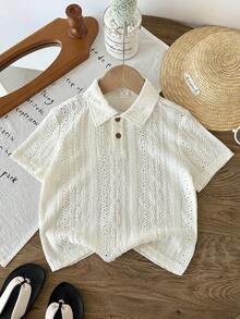 LMoss Kids 1pc Young BoyPolo Shirt With Collar, Short Sleeve, Jacquard Hollow Design - White - View 3