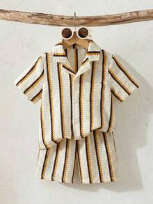 LMoss Kids 2pcs Baby Boy Knitted Striped Casual T-Shirt And Shorts Set - Multicolor - View 7