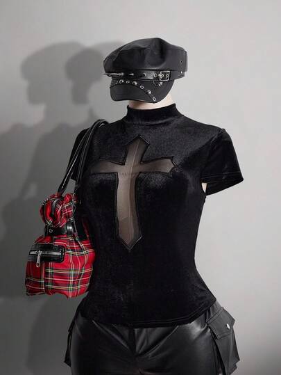 SHEIN ICON Women's Plus Size Spring/Summer Retro Sexy Millennial Style Y2K Fashionable Avant-Garde Bold Dark Gothic Style Cross Pattern Hollow-Out Black High Neck Slim Fit Velvet T-Shirt