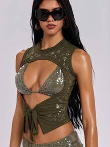 ROMWE Spring/Summer Y2K Sexy Glitter Studded Cutout Tie Front Crop Top For Women - Green - View 7