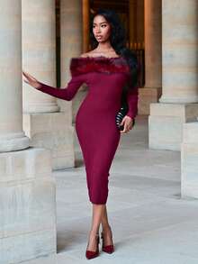 Mima John 欧美风毛领长袖中长款毛衣裙 - 酒紅色 - 查看 1