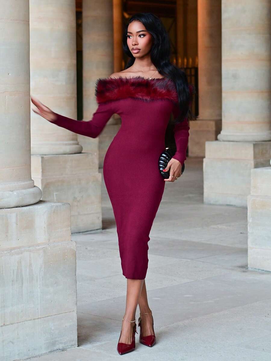 Mima John 欧美风毛领长袖中长款毛衣裙 - 酒紅色 - 查看 1