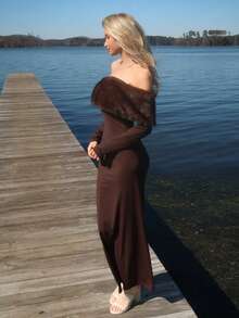 Sydney Algeri 女士毛绒露肩长袖修身优雅连衣裙 - 棕色 - 查看 3