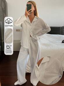 DAZY Lace Patchwork Silver Collar Loose Cardigan Long Sleeve Top & Straight Leg Long Pants Women Pajama Set - White - View 5