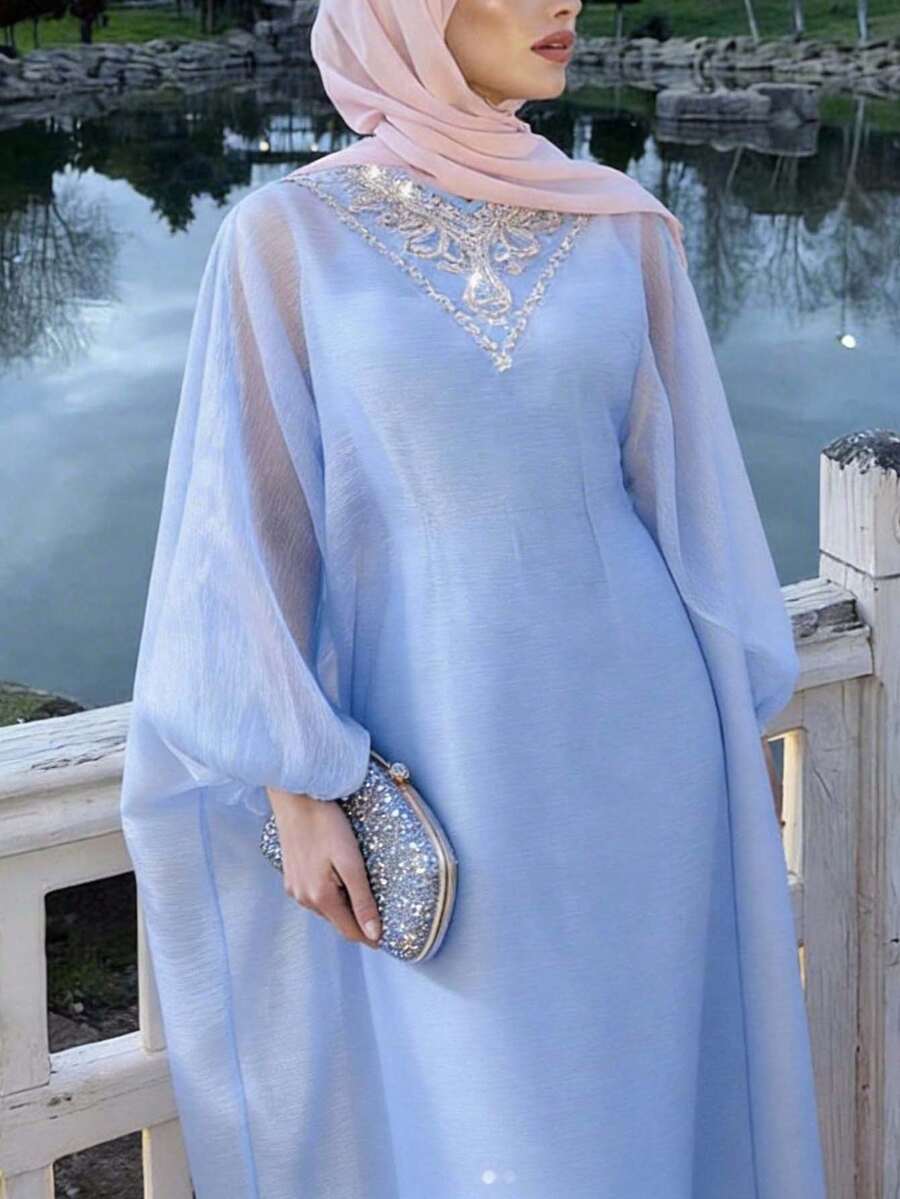 Al Najma Đầm maxi dài kiểu Thổ Nhĩ Kỳ cổ điển màu xanh nhạt dành cho nữ, áo choàng dài truyền thống Ả Rập. - Màu xanh lam - Xem 1