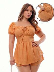 Solavibe Women Plus Size Orange Summer Boho Holiday Romper,Casual Square Neck Puff Sleeve Jumpsuit,Waist Cinching A-Line Layered Ruffle Hem Textured Fabric - Orange - View 2