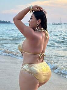 Swim SXY 大码女士纯色挂脖连体泳衣，适合海滩度假、泳池派对、沙滩派对 - 彩色 - 查看 6