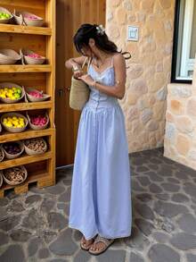 Serisse 女士休闲格子前扣吊带连衣裙，夏季 - 藍色 - 查看 1