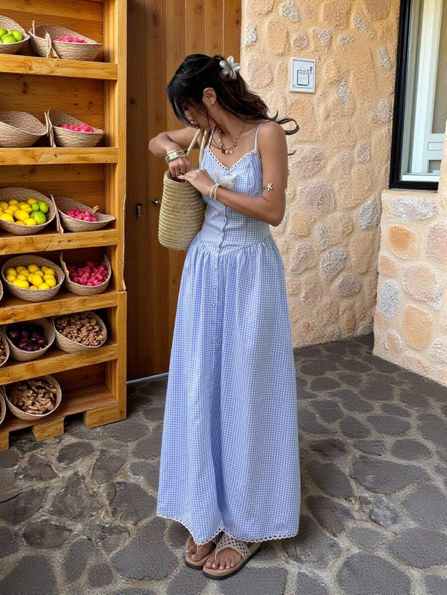 Serisse 女士休闲格子前扣吊带连衣裙，夏季 - 藍色 - 查看 1