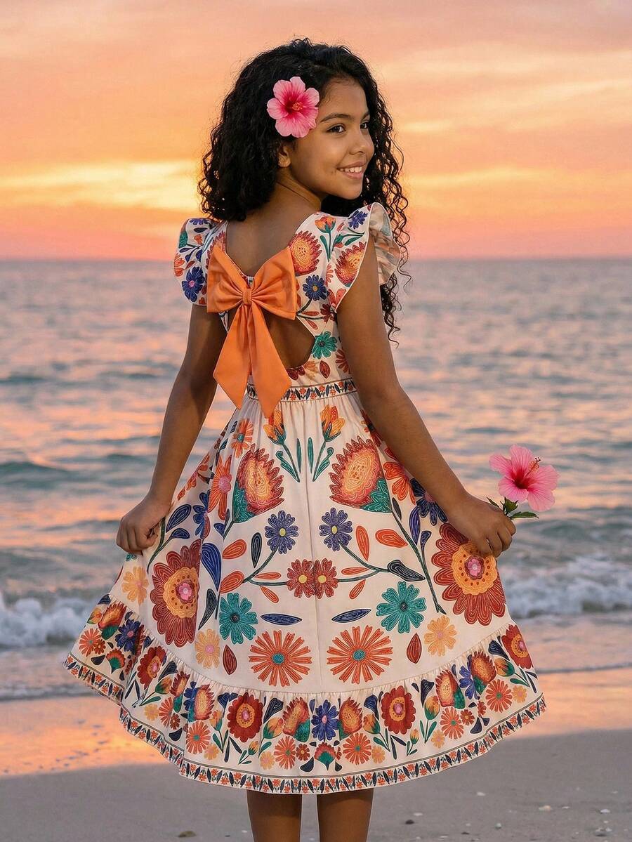 少女碎花蝴蝶结装饰荷叶袖可爱连衣裙 - 彩色 - 查看 1