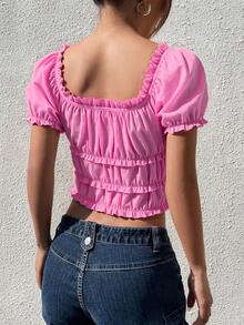 Top Cropped de Moda: Cuello Cuadrado con Volantes y Mangas Abullonadas, Estilo Femenino - Rosa Fucsia - Ver 4