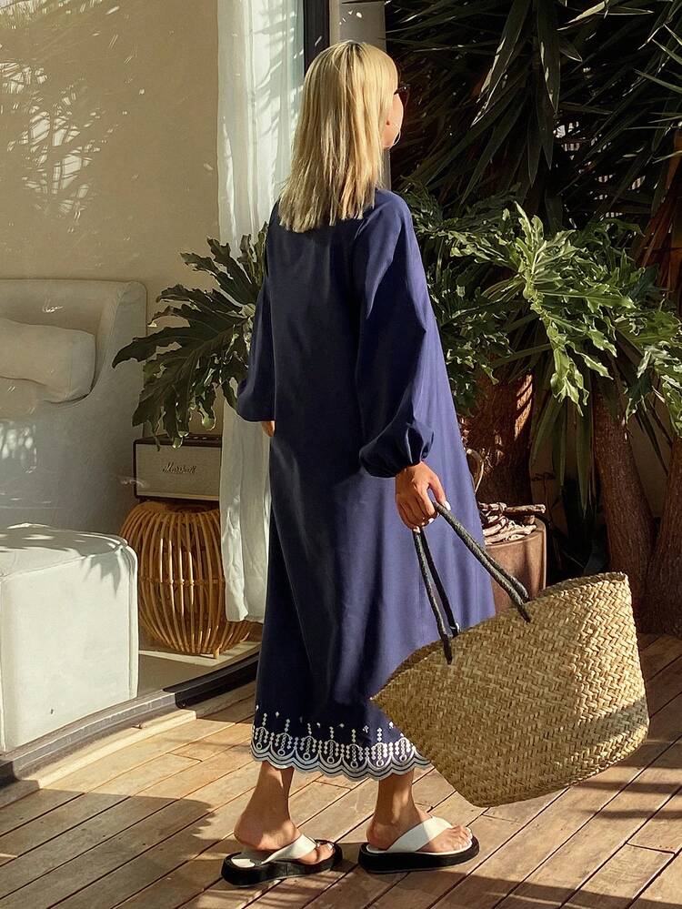 Women's Casual Colorblock Embroidery V-Neck Loose Mid-Length Dress, Spring/Summer Maxi Dress Sundress