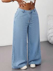 SHEIN Tall CURVE 大码浅蓝色弹力腰休闲直筒宽松牛仔裤 - 淺色水洗藍 - 查看 4