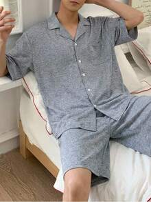 青少年男童舒适休闲短袖短裤睡衣套装，夏季 - 藍色 - 查看 3