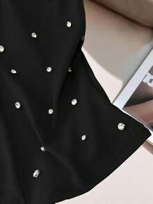 GlowEve Petite Áo hai dây nữ thanh lịch, sang trọng, phù hợp đi làm và dự tiệc, màu trơn, đính đá lấp lánh, cổ chữ V, hở lưng, ôm sát. - màu đen - Xem 3