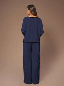 Lazeform Bộ đồ ngủ nữ kiểu Mỹ gồm áo khoác cardigan cổ chữ V tay dài và quần ống rộng phối màu tương phản. - Màu xanh hải quân - Xem 2